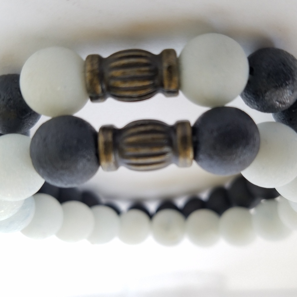 Hand Crafted Couple's Navy White Stone Beaded Bracelets Lava Stretch - Picture 3 of 10
